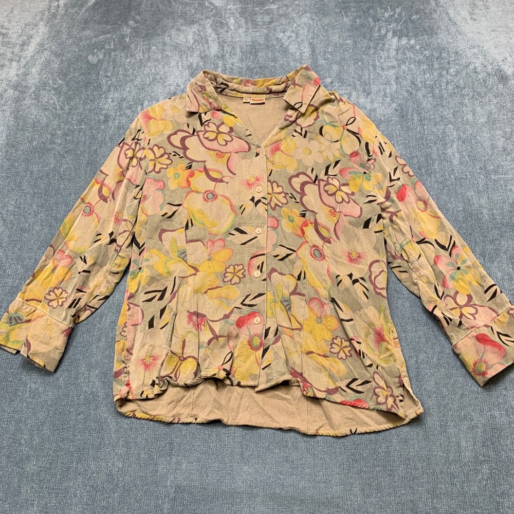 VTG Tianello Suzy Blouse Womens Medium Gray Asian Floral Button Up Made In USA